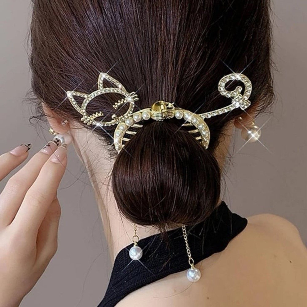 Gold Cat Bun Clip Rhinestone Pearl Tassel Hair Accessory Kitty Hair Claw